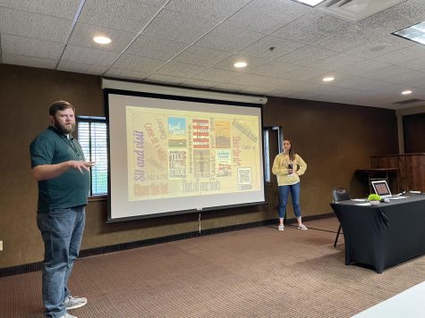 Skip Olson and Dr. Erika Bass of UNI present at the ICTE Fall Conference Oct. 14 about their staff book studies. They are creating a book study group that would cover the state of Iowa and focus on rural books.